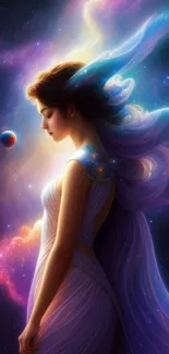 Ethereal woman in cosmic galaxy setting with vibrant purple hues.