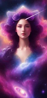 Ethereal cosmic woman surrounded by nebula and galaxy colors.