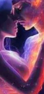 Ethereal couple in a fiery embrace with vibrant colors.