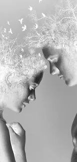 Surreal couple with nature theme in grayscale wallpaper.