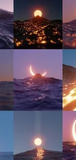 Collage of crescent moons over ocean waves with vibrant sunset hues.