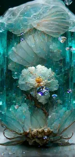 Ethereal crystal blossom art with teal hues and floral details.