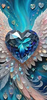 Blue crystal heart with angel wings on a mystical background wallpaper.