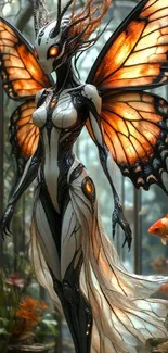 Ethereal cyber butterfly with orange wings in a surreal setting.