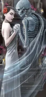 Woman in elegant white dress dancing with a skeleton in a mystical setting.