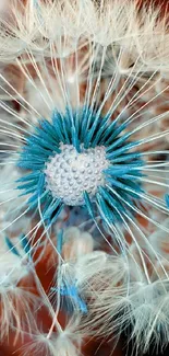 Close-up of a dandelion with cyan blue and white hues on a mobile wallpaper.