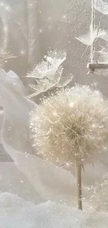 Ethereal mobile wallpaper with a dandelion and soft beige tones.