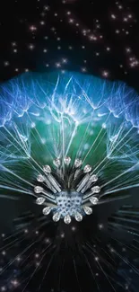 Ethereal glowing dandelion with cosmic sparkles.