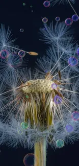 Dandelion seeds in focus against dark blue background.