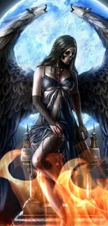 Ethereal Dark Angel with wings in front of a full moon.