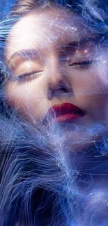 Ethereal digital art with a serene expression wrapped in electric currents.