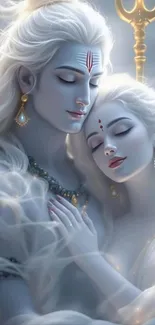 Ethereal divine couple in a dreamlike embrace.