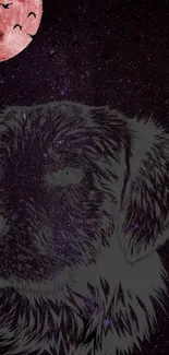 Ethereal dog silhouette with moon in starry night sky wallpaper.