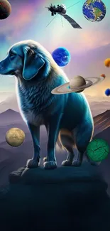 Fantasy wallpaper featuring a cosmic dog with planets in a surreal landscape.