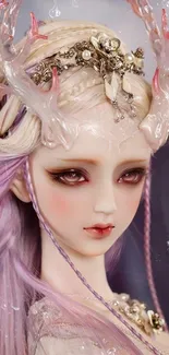 Beautiful doll with ethereal antlers and lavender hair in a fantasy setting.