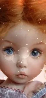 Vintage doll with blue eyes and red hair, sparkling mobile wallpaper.