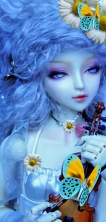 Ethereal doll with violin, butterflies, and flowers in blue tones.