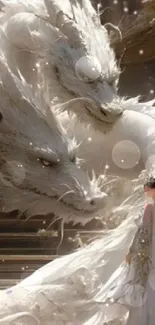 Majestic white dragons with a lady in a fantasy scene.