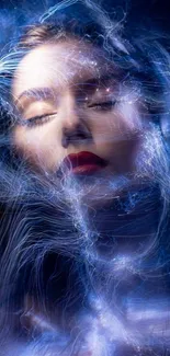 A surreal, ethereal digital art wallpaper with swirling blue hues and a woman's face.