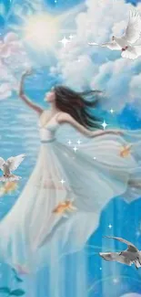 Ethereal woman with doves in a celestial sky.