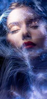 Ethereal portrait with swirling blue light, perfect mobile wallpaper.