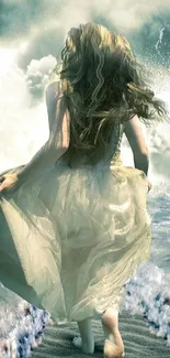 Mysterious figure walking on ocean waves with ethereal light.