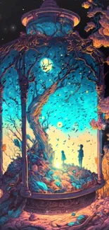 Whimsical lantern scene with glowing fantasy art and vivid teal hues.