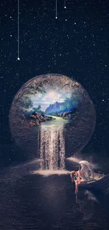 Ethereal dreamscape artwork with a celestial night sky and serene waterfall.