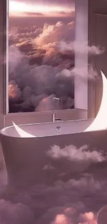 Dreamy lavender wallpaper with moonlit bathtub and clouds.