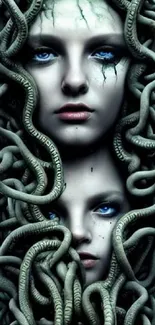 Ethereal dual faces with serpentine elements and blue eyes in dramatic art style.