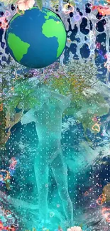 Fantasy scene with Earth, water, and floral art.