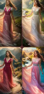 Mobile wallpaper featuring women in flowing gowns amidst scenic nature.