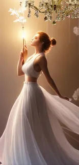 Ethereal woman in white dress with chandelier glow wallpaper.