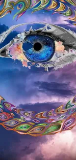 Surreal blue eye with cosmic iris and colorful patterns on phone wallpaper.