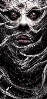 Mysterious face entangled in surreal webs against a dark background.