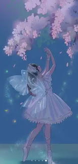 Ballet fairy with wings under cherry blossoms on blue background.