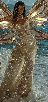 A fairy-like woman with glittering wings stands by the ocean, embodying enchantment.