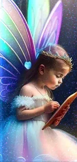 Fairy child with colorful wings reading in magical setting.