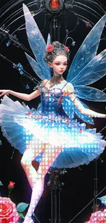 Futuristic fairy with glowing blue wings in a dark floral setting.