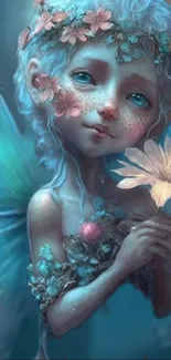 Ethereal fairy with flowers in dreamy hues.