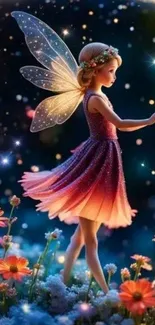 Fairy in a floral garden under a starlit sky.