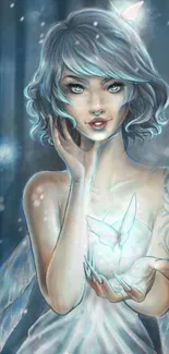 Ethereal fairy with glowing blue aura in fantasy setting.