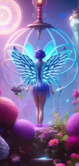 Fantasy fairy with wings in vibrant, futuristic landscape.