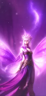 Ethereal fairy glowing in purple light with elegant wings.