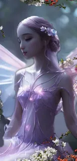 Ethereal fairy surrounded by blossoms with delicate wings.