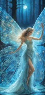 Ethereal fairy dancing in a moonlit forest with shimmering blue wings.