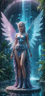 Ethereal fairy with wings in an enchanted garden.