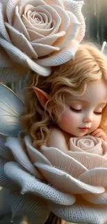 Sleeping fairy nestled in large white roses with delicate wings.