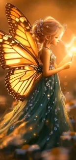 A fairy with glowing wings holds a light in a magical forest.