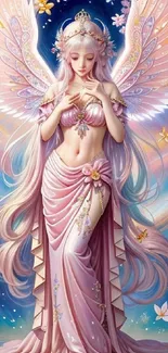 Ethereal fairy with wings and flowers in a pastel fantasy setting.